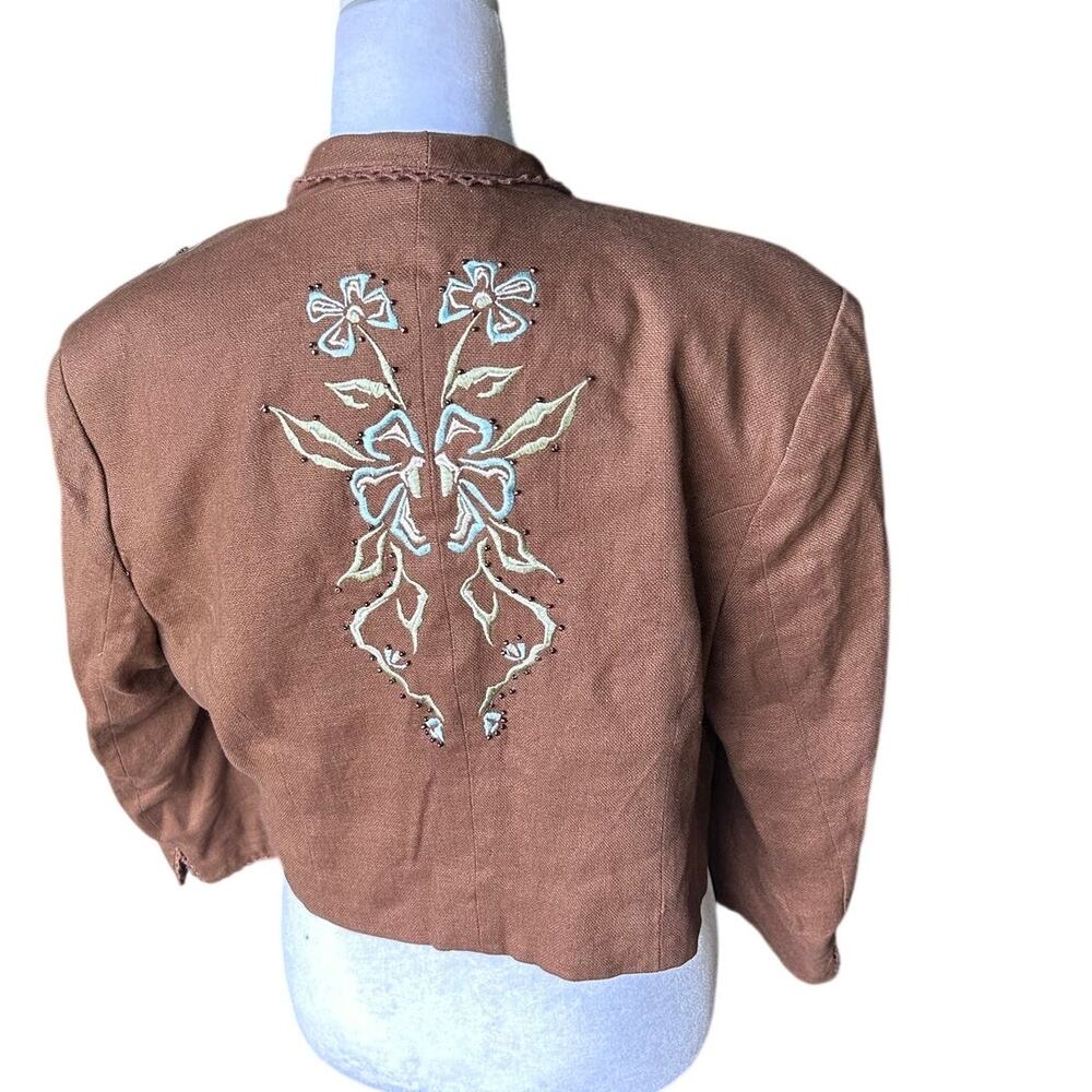 Central Park Linen Boho Embroidered Cropped Jacket Blazer Brown Tan Size 10 - Picture 3 of 5